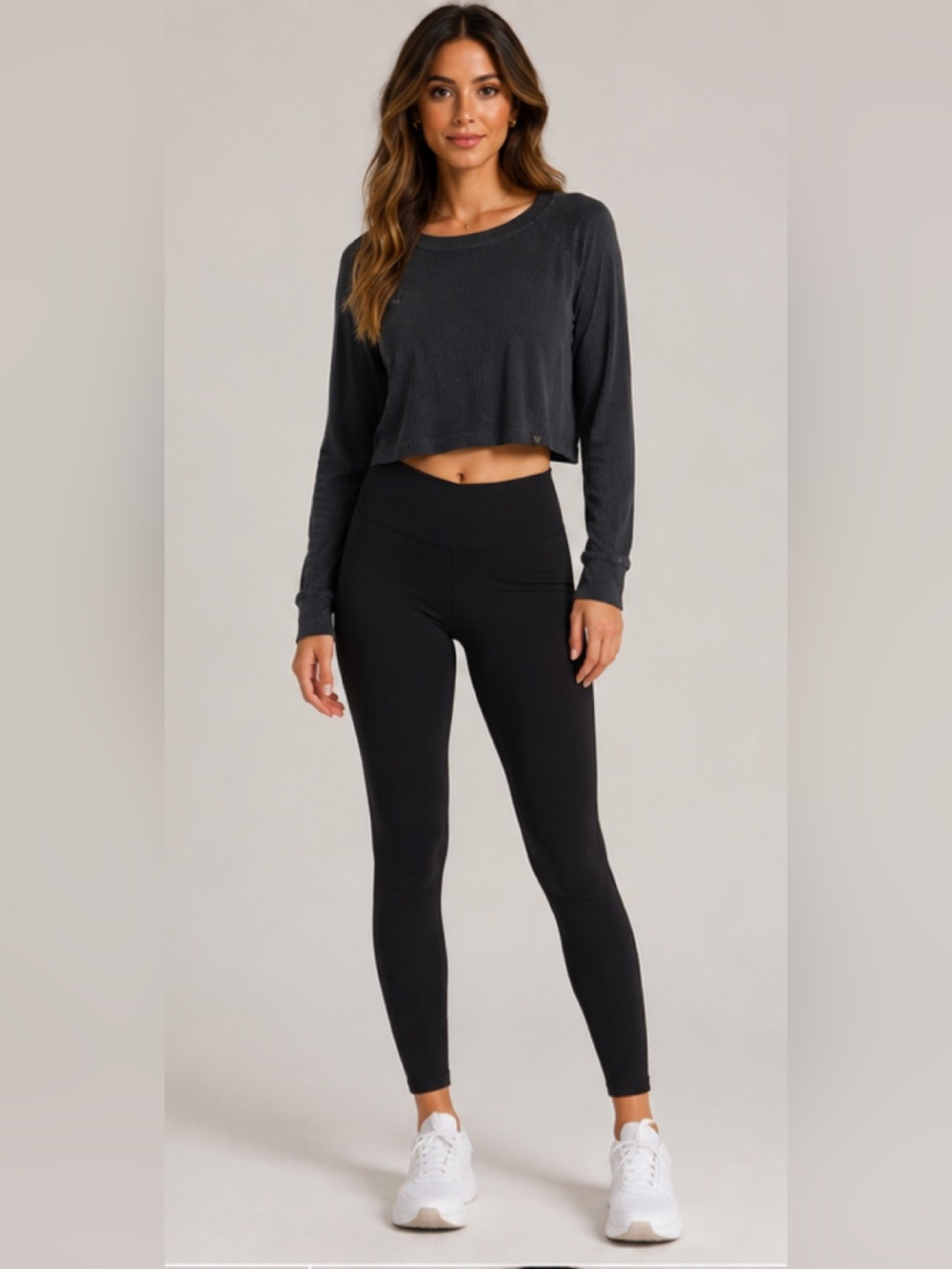 Victoria's Secret Charcoal Cropped Stripe RibbedLong-Sleeve Top casual relax - Picture 2 of 8